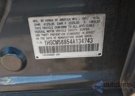 2004 Honda Accord 2.4 Ex из США, поврежденный, VIN 1HGCM56854A134743